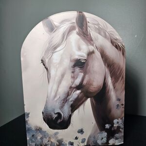 Beautiful White Horse Plaque Subtle Blue Painted Flowers
